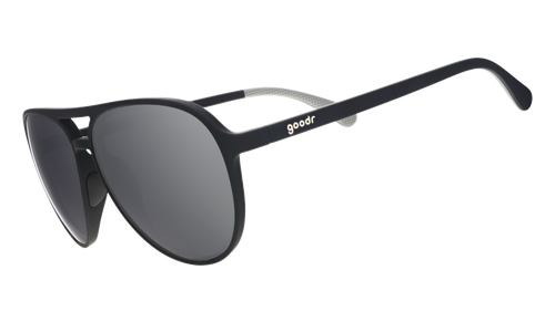 Three-quarter angle view of aviator sunglasses with black frames and chrome reflective lenses on a white background.