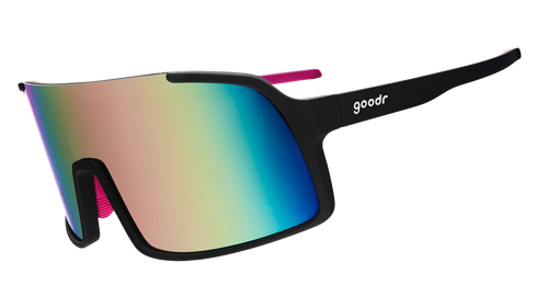 Three-quarter angle view of black wrap sunglasses with purple reflective lenses, hot pink nose and temple grips.