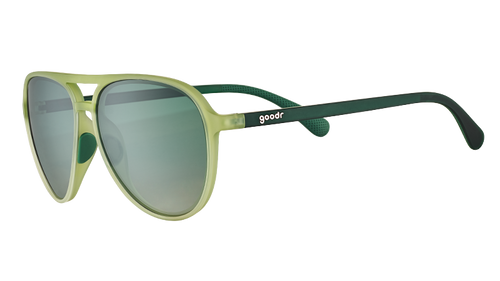 Three-quarter angle view of cadet green translucent aviator sunglasses with gradient green lenses and dark green arms.