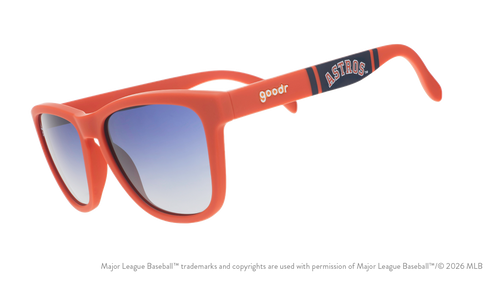 Three-quarter angle view of orange and navy Astros sunglasses featuring an Astros logo on the arm.