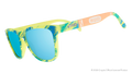 Side view of Crayola x goodr UV-activated Confetti Colors sunglasses with light blue reflective lenses.