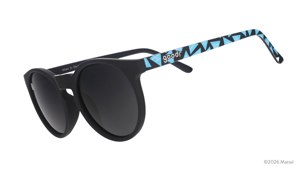 Three-quarter angle view of black Circle G sunglasses featuring classic Magic 8 Ball responses on the arms.