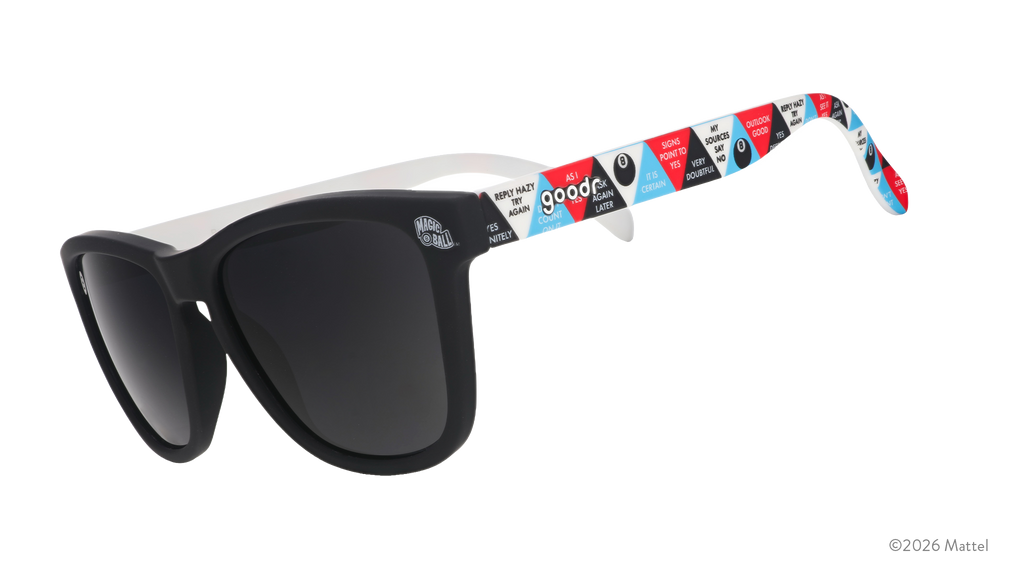 Three-quarter-angle view of black sunglasses featuring classic Magic 8 Ball responses in a multicolored design on the arms.
