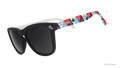 Three-quarter-angle view of black sunglasses featuring classic Magic 8 Ball responses in a multicolored design on the arms.