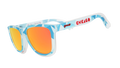 Three-quarter angle view of translucent blue, geometric-patterned sunglasses with burnt orange reflective lenses and Chicago logo.