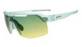 A pair of sport sunglasses with a translucent mint green frame and a green-to-yellow gradient lens, shown on a plain white background. The brand name 'goodr' is visible on the temple.
