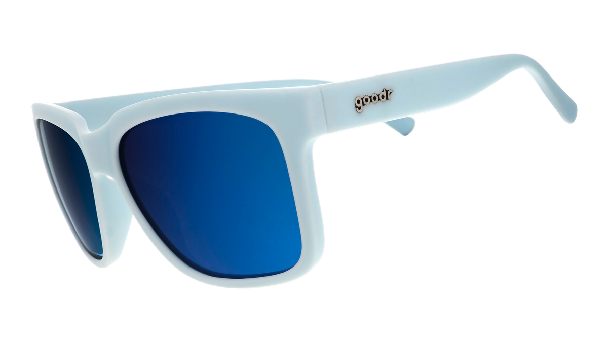 Three-quarter angle view of light blue sunglasses with blue lenses designed to float in water.