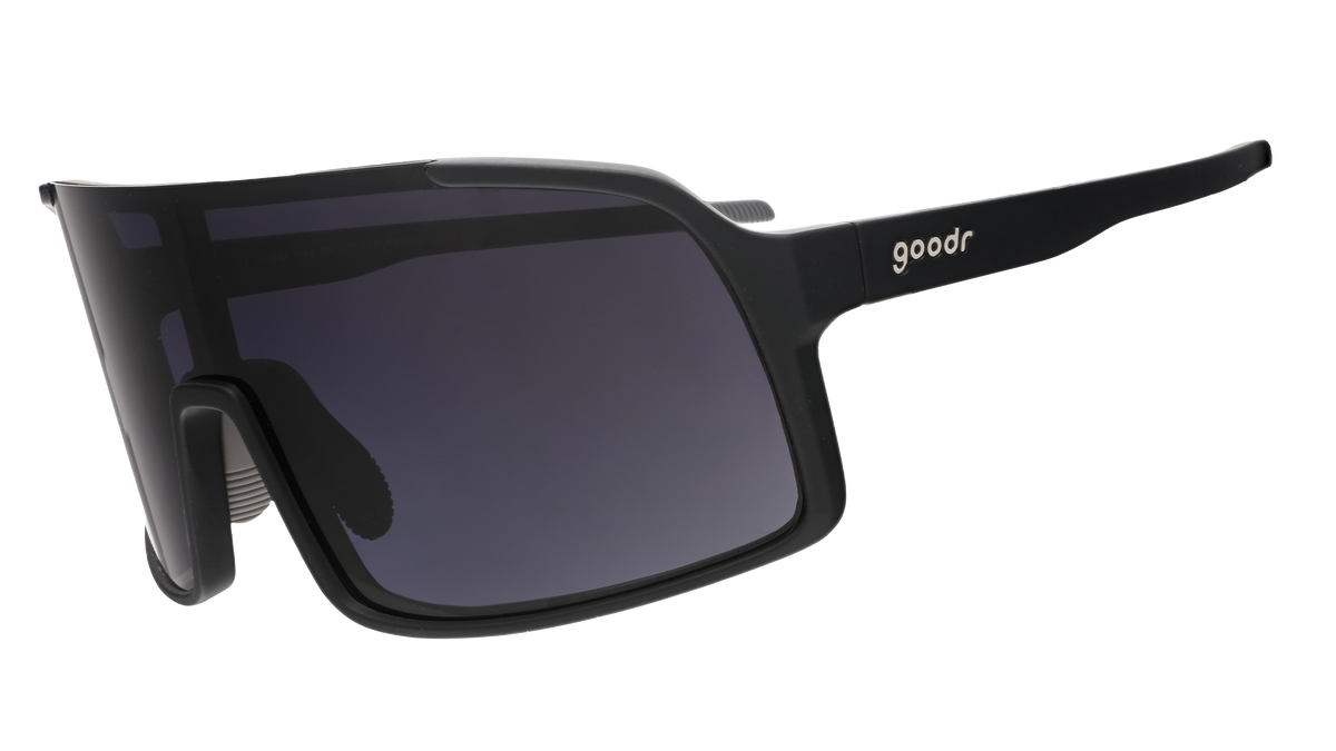 goodr wraparound sunglasses with black temples and dark lenses