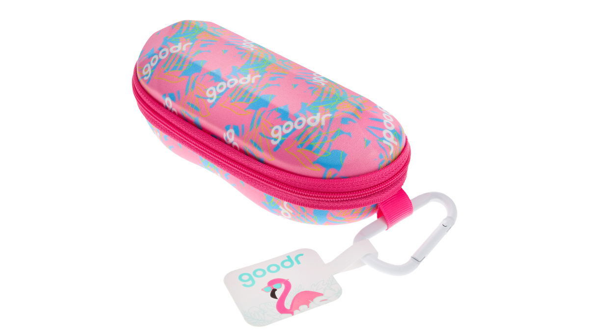goodr sunglasses case, pink with a palm trees design and a hot pink zipper