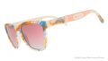 Side view of Crayola goodr UV-activated Summertime shades with tan-to-magenta frames and rose ocean gradient lenses.