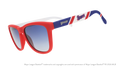 Three-quarter angle view of a pair of red, white, and blue sunglasses featuring the Texas Rangers logo on the arm. 
