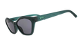 Three-quarter-angle view of translucent, dark green angular Deco G sunglasses with black non-reflective lenses. 