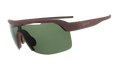 Three-quarter-angle view of brown wraparound Bolt G sunglasses with non-reflective, green vented lenses.