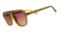 Three-quarter-angle view of translucent dusted ochre Retro G sunglasses with purple-yellow gradient lenses.
