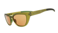 Three-quarter-angle view of translucent olive green Cheetah G cat-eye sunglasses with brown non-reflective lenses.