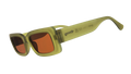 Three-quarter-angle view of rectangular Luxe G sunglasses in translucent olive green with brown non-reflective lenses.