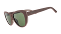 Three-quarter-angle view of opaque brown Glam G cat-eye  sunglasses with green non-reflective lenses.