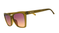 Three-quarter-angle view of translucent ochre angular cat-eye Pop Gs with purple-yellow gradient lenses.
