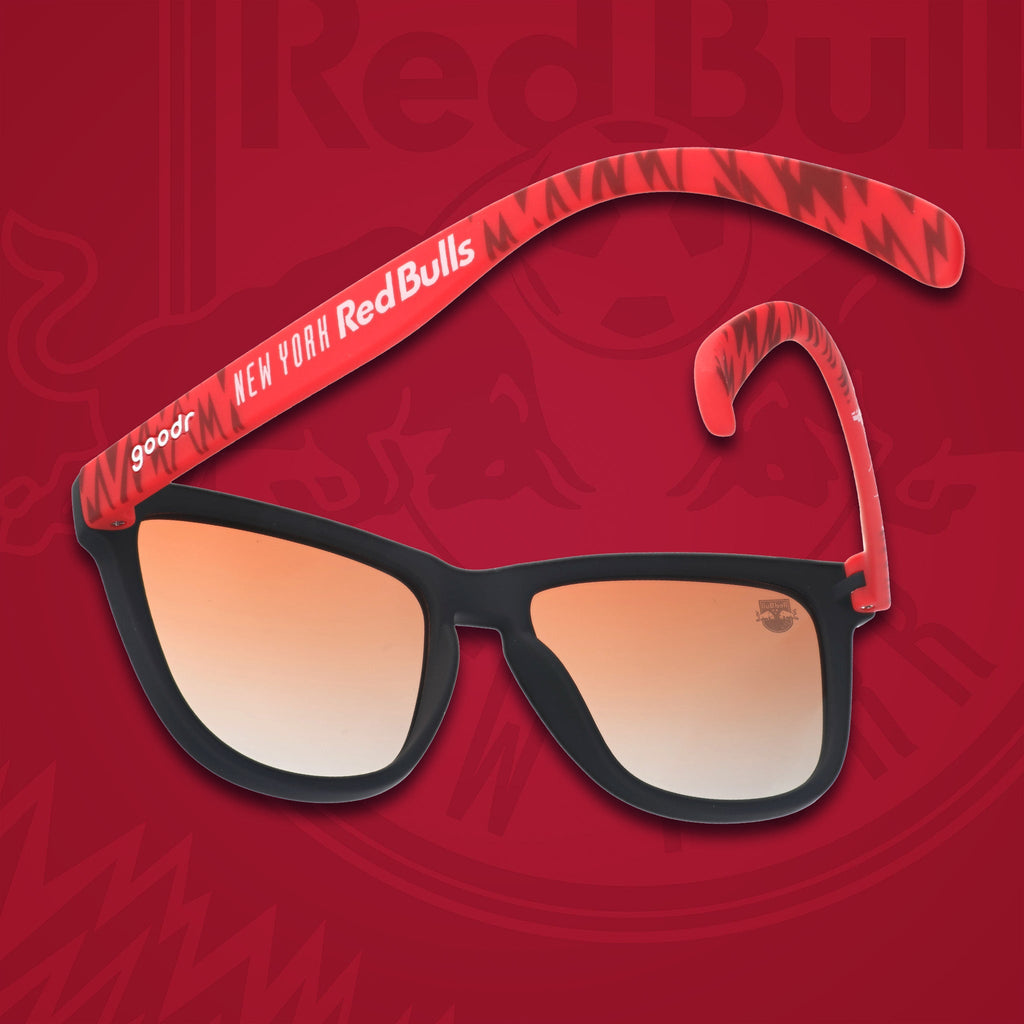 Three-quarter angle back view of MLS New York Red Bulls frames. Red+black frames. Orange+gold gradient lenses.