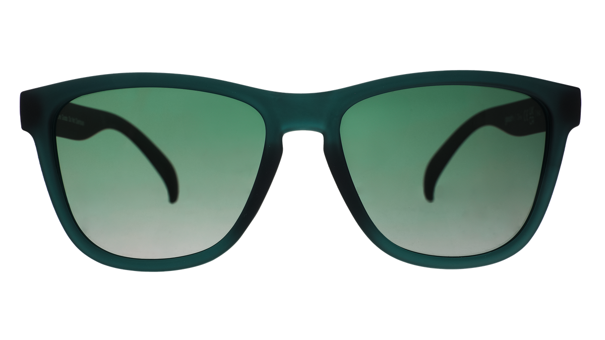 Front view of classic dark teal sunglasses with green gradient lenses.