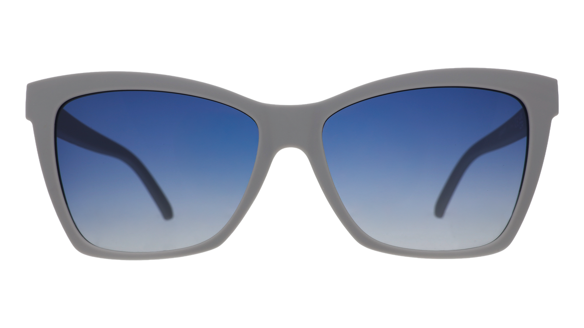 Front view of gray sunglasses with blue gradient lenses.