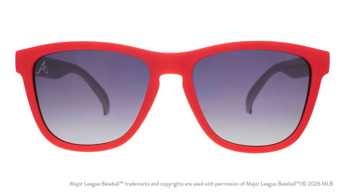 Front view of Braves shades with red faceplate. Blue gradient lenses have the A logo etched on the left lens.