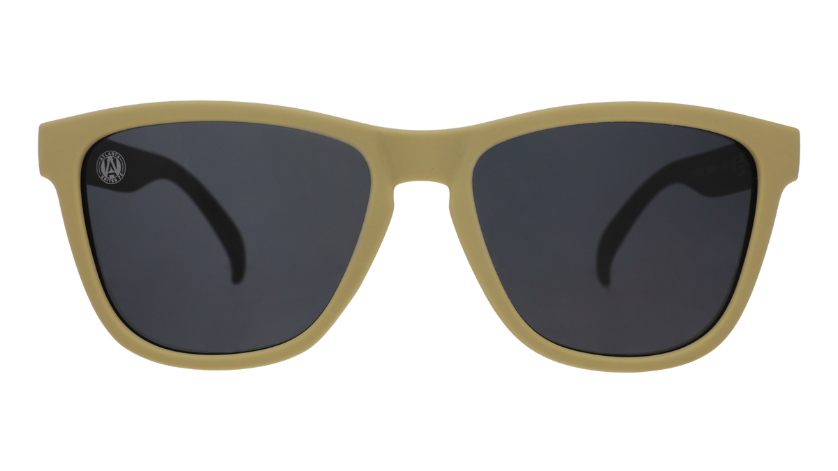 Front view of Major League Soccer Atlanta United shades. Gold front frame. Black non-reflective lenses.
