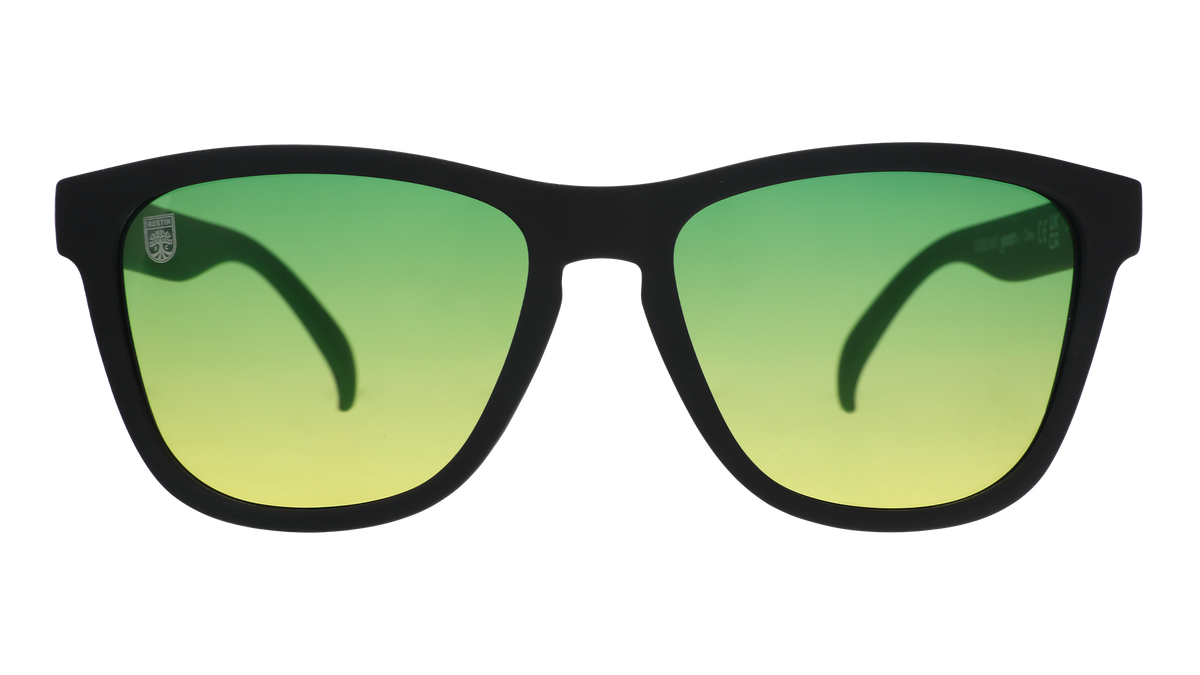 Front view of Austin FC Major League Soccer sunglasses with black front frame and green-yellow lenses