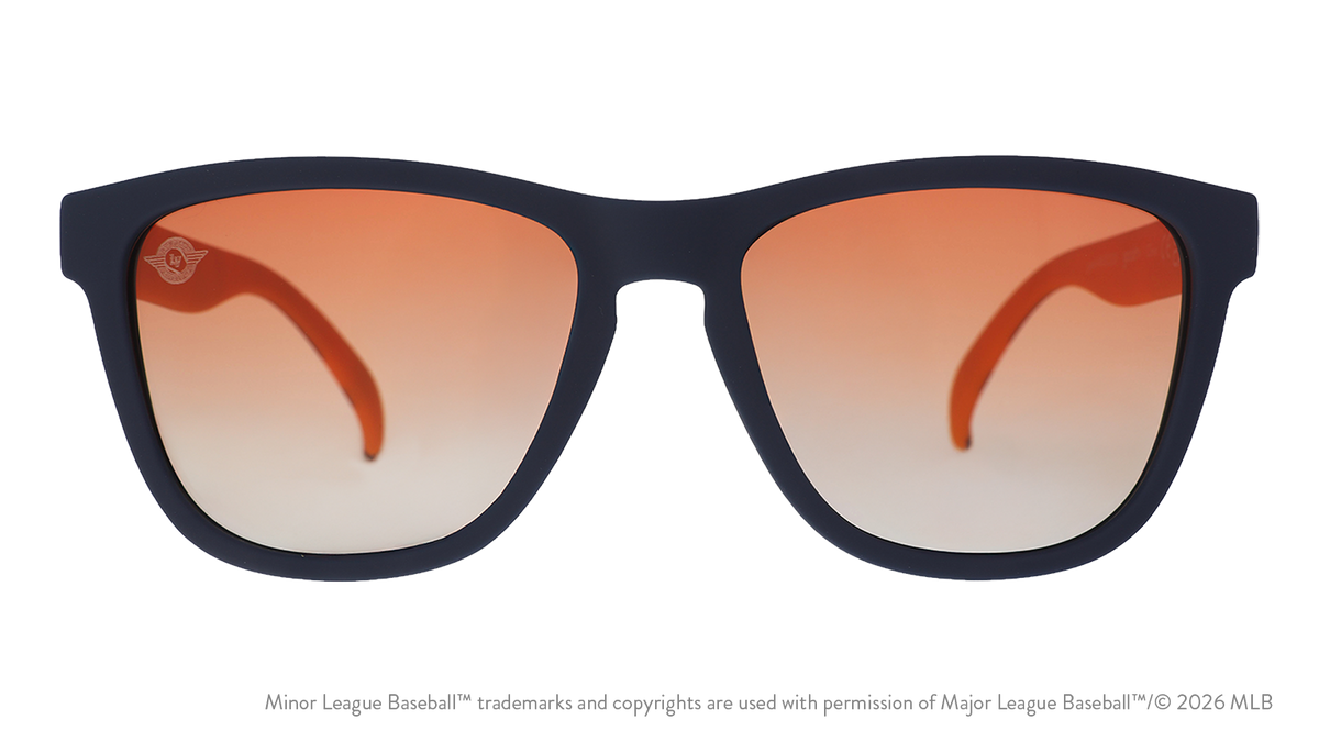 Front view of shades. Solid blue front frame. Orange gold gradient lenses. Aviators logo etching in top corner of lens.