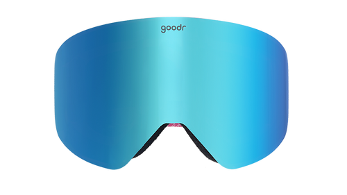 Front view of bright pink and blue snow goggles with a vibrant blue reflective lens.