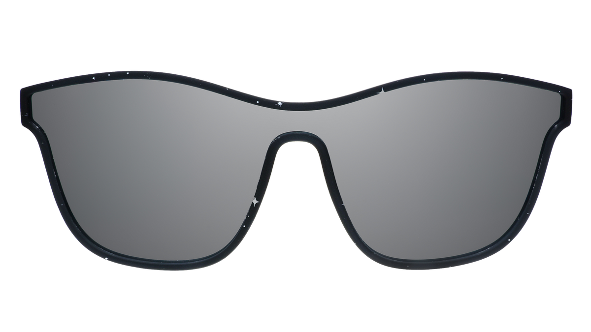 Front view of black VRG frames featuring a design sprinkled with stars and a single chrome reflective lens.