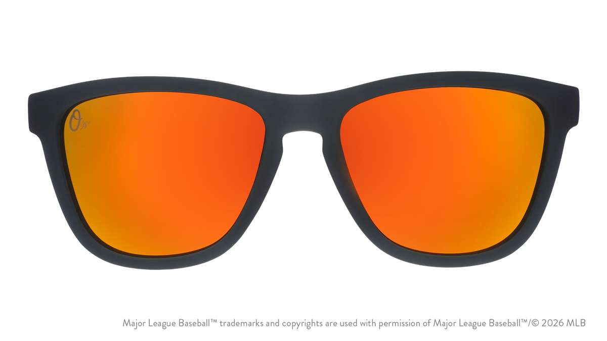 Front view of Orioles sunglasses with a black faceplate and amber reflective lenses featuring an O logo lens etch.