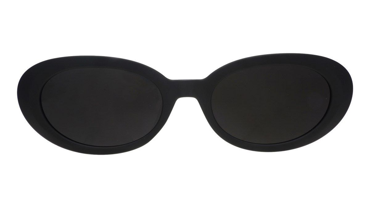 Front view of black oval sunglasses with polarized lenses against a white background.