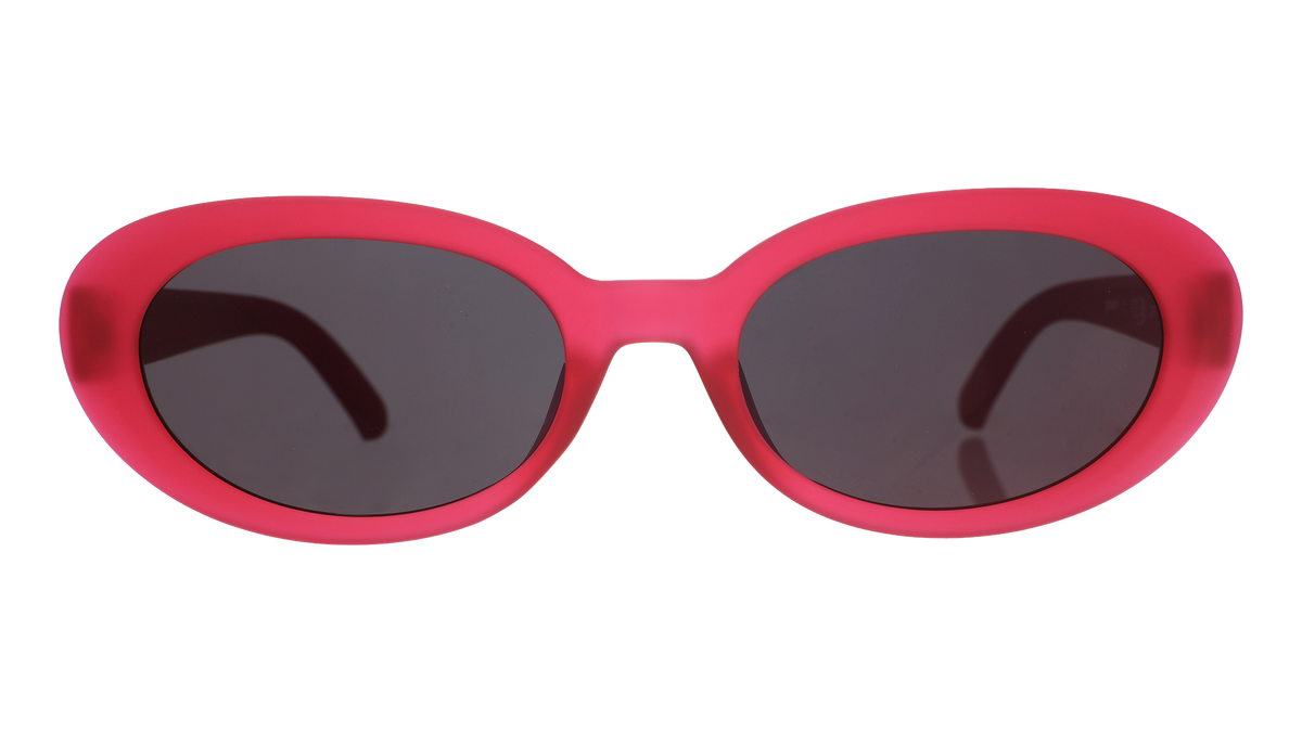 Front view of hot pink oval sunglasses with dark red polarized lenses against a white background.