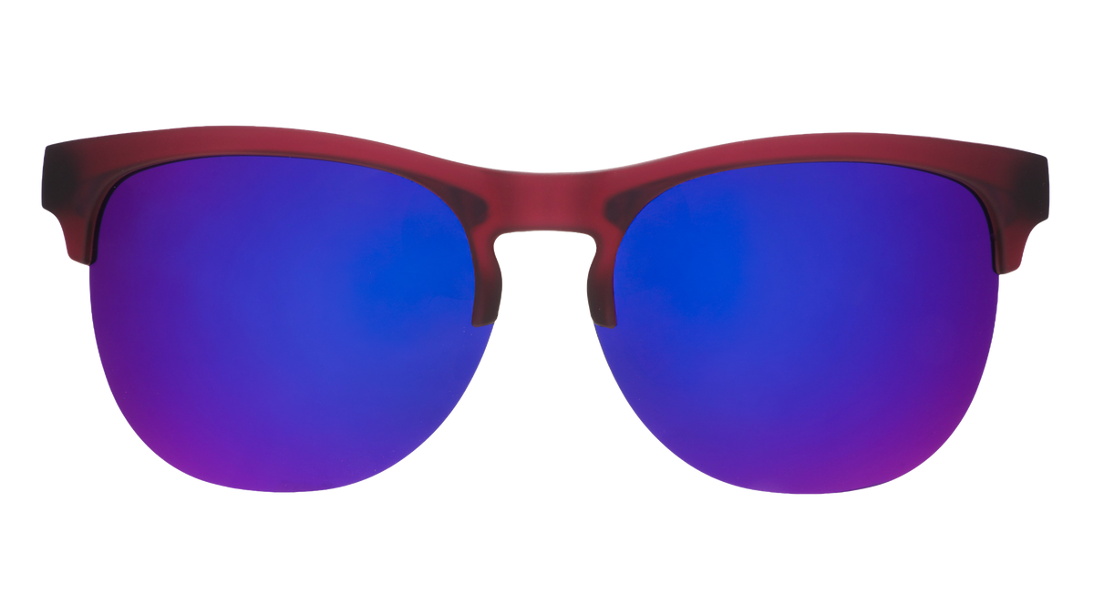 Front view of translucent purple half-rim sunglasses with purple reflective lenses.