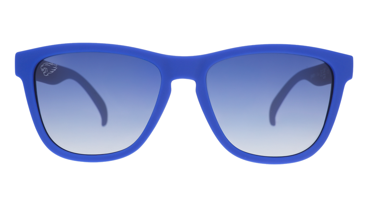 Front view of blue and white sunglasses with blue gradient lenses and the University of Kentucky Wildcat etched on the right lens.