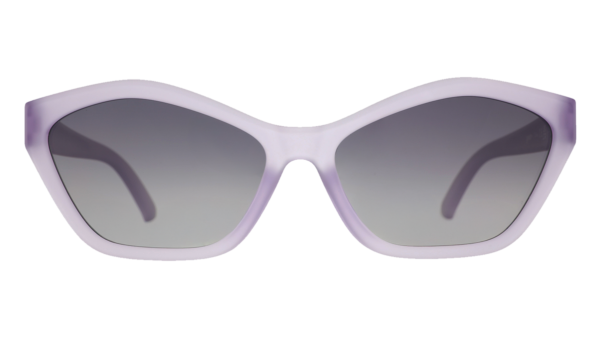 Front view of translucent pale purple geometric cat-eye Deco G sunglasses with black gradient lenses.