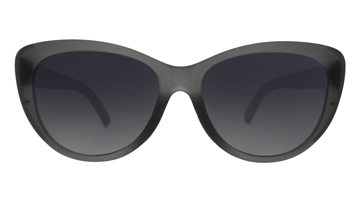 Front view of translucent gray cat-eye sunglasses with black gradient lenses.