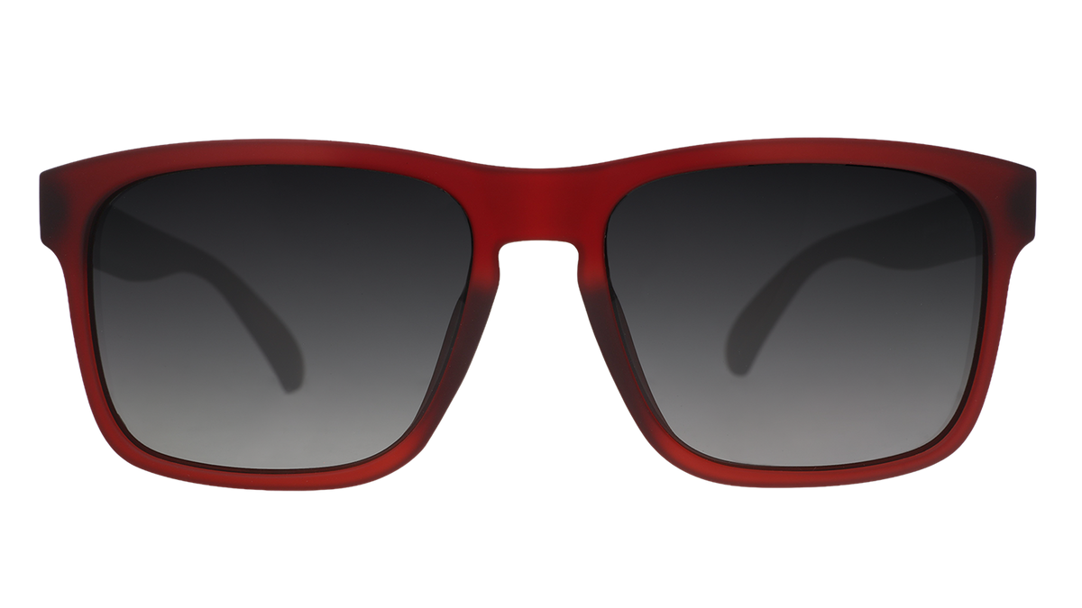 Front view of dark red Grand G frames and black gradient lenses.