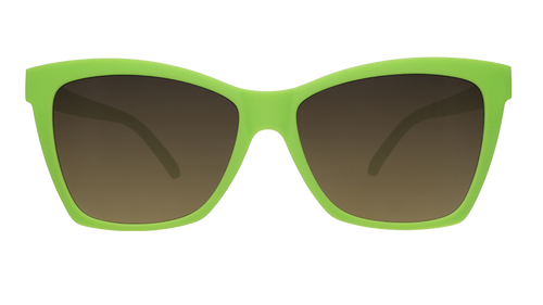 Front view of lime green angled cat-eye sunglasses with black gradient lenses.