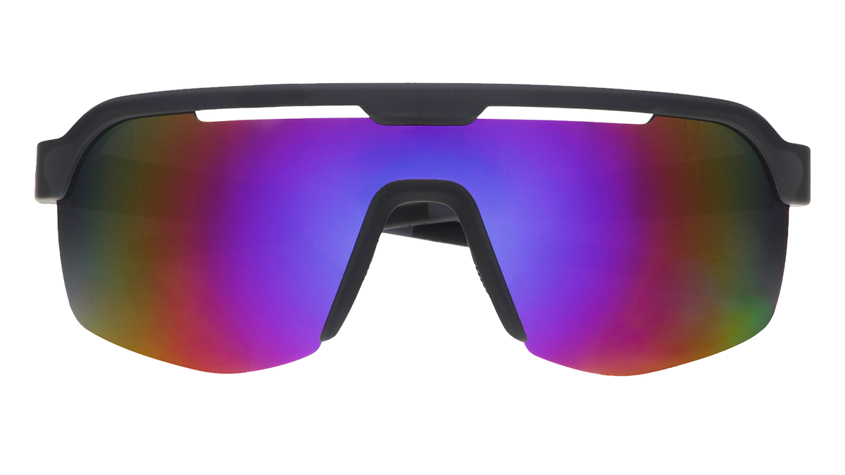 Front view of shield sunglasses. Black front frame with purple reflective wrap lenses on a white background.