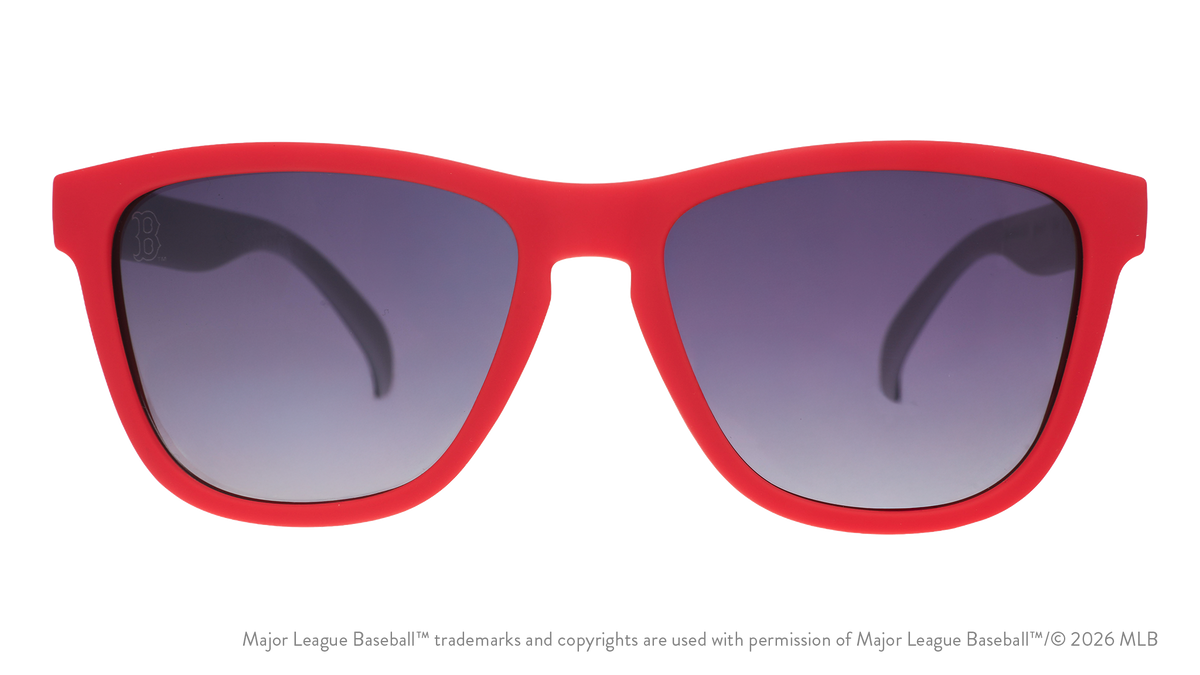 Front view of Red Sox sunglasses with a red faceplate and black gradient lenses featuring the Boston B etched on the lens.