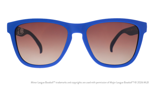 Front view of sunglasses. Blue front frame. Brown gradient lenses. Durham Bulls logo etching in top corner of lens.