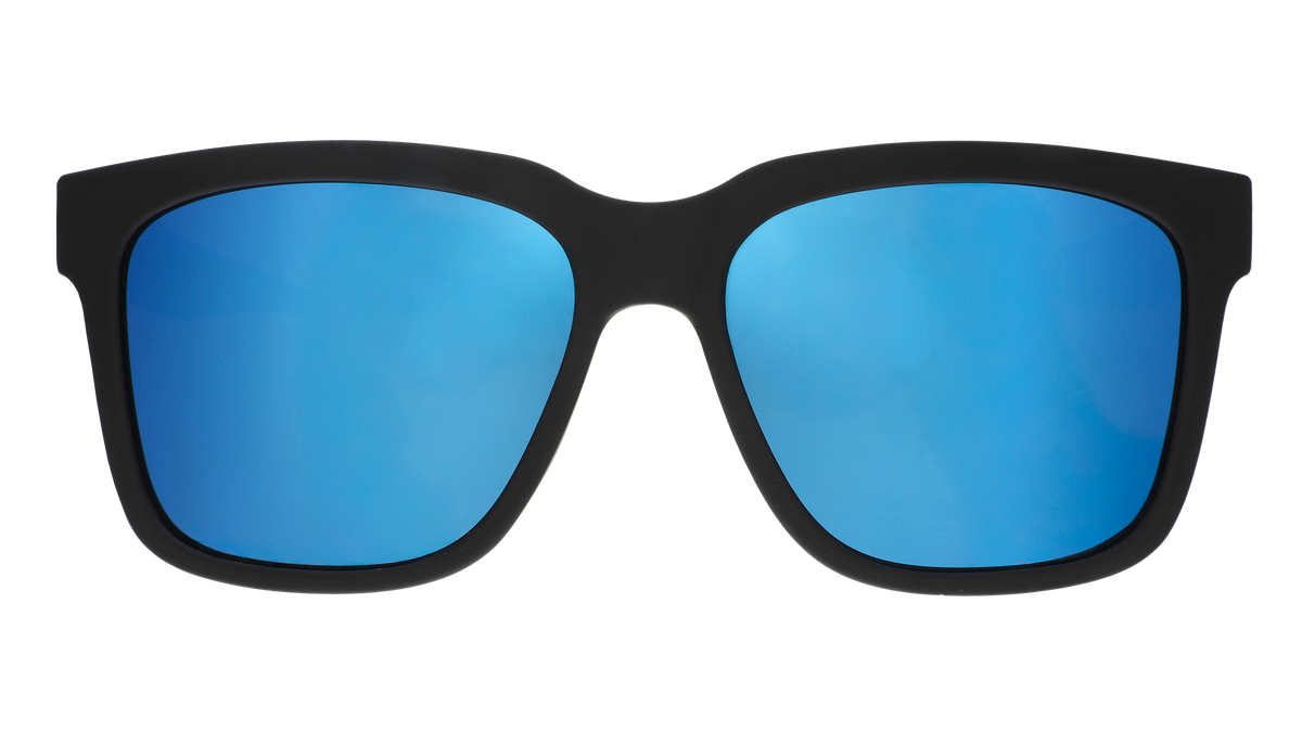 Front view of black sunglasses with blue lenses designed to float in water.