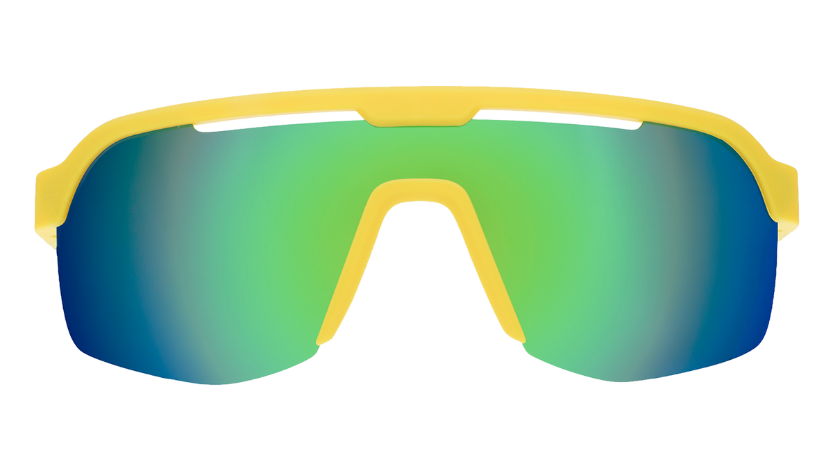 Front view of yellow shield sunglasses with oversized light green mirrored lenses.