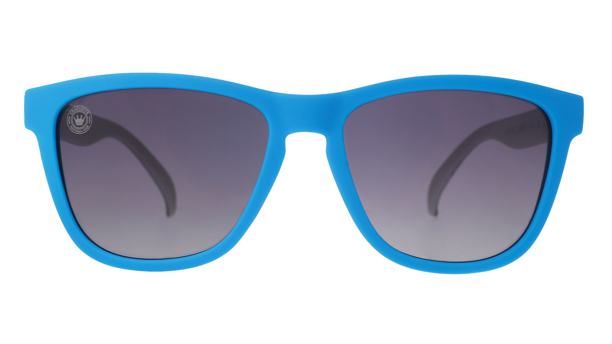 Front view of Major League Soccer Charlotte FC shades. Blue front frame. Black gradient lenses.