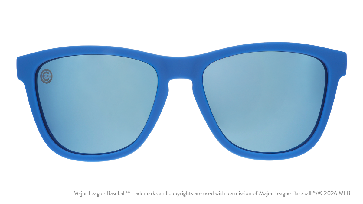 Front view of Cubs shades with blue faceplate and ice blue reflective lenses with the team's Wishbone C logo lens etch.