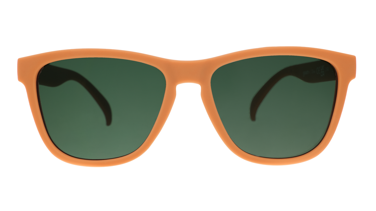 Front view of classic brown sunglasses with green non-reflective lenses.