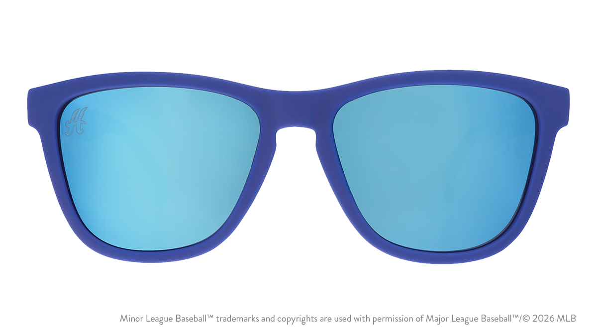 Front view of sunglasses. Blue front frame. Teal reflective lenses. Yard Goats logo etching in top corner of lens.