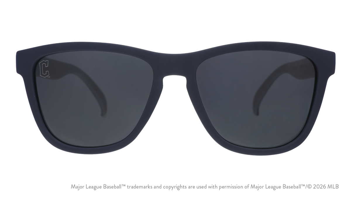 Front view of Guardians shades with navy faceplate. Black non-reflective lenses have the C logo etched on the left lens.